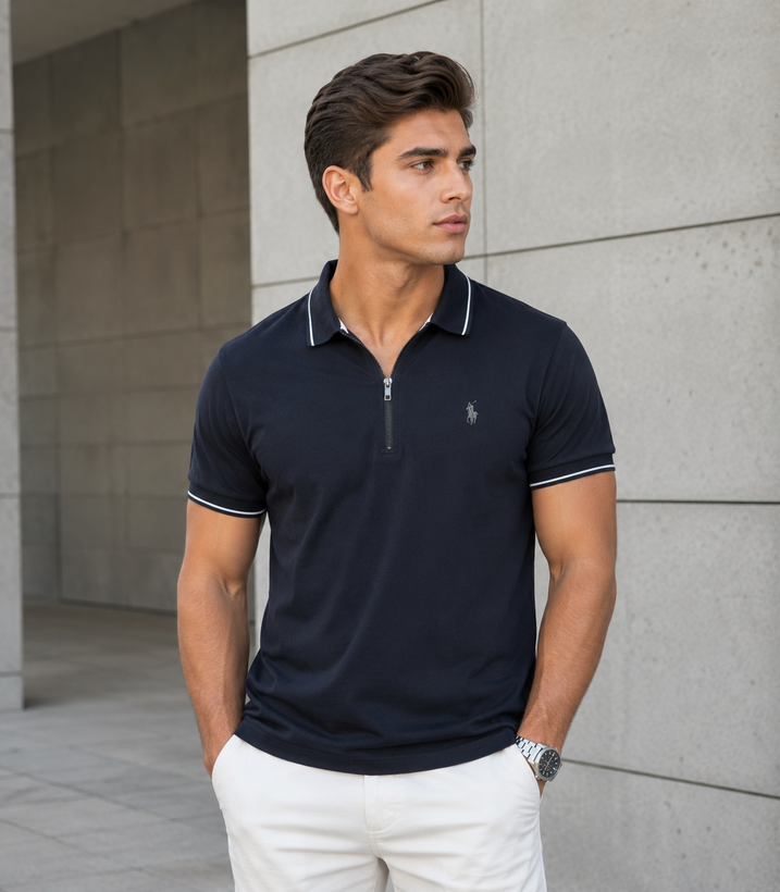 تیشرت مردانه نیمزیپ آستین کوتاه تمام نخ رنگ سرمهای برند Ralph Lauren