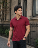 تیشرت مردانه نیمزیپ آستین کوتاه تمام نخ رنگ زرشکی برند Ralph Lauren
