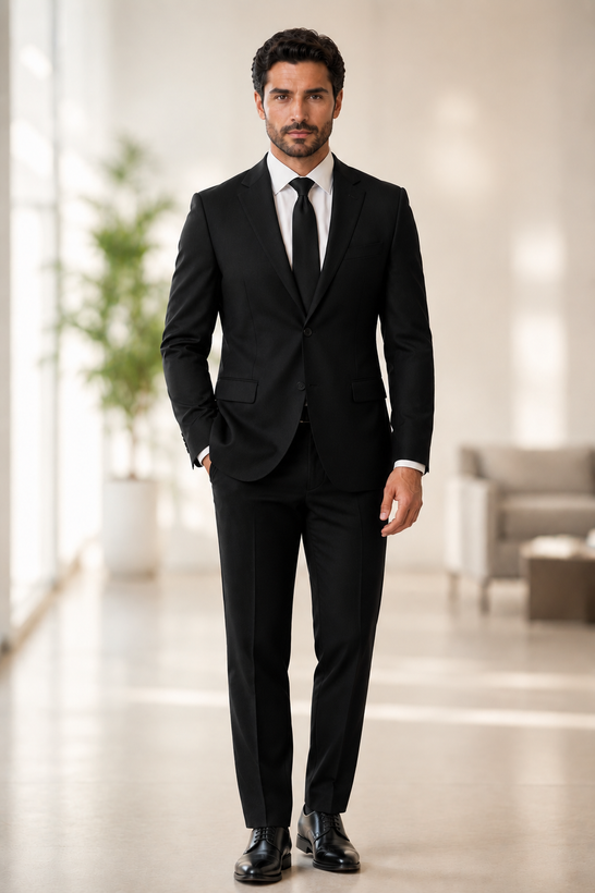 کت و شلوار مردانه مشکی مرینوس دراپ ۶ مدل Modern Fit دو دکمه دو چاک با پارچه پشمی اعلا